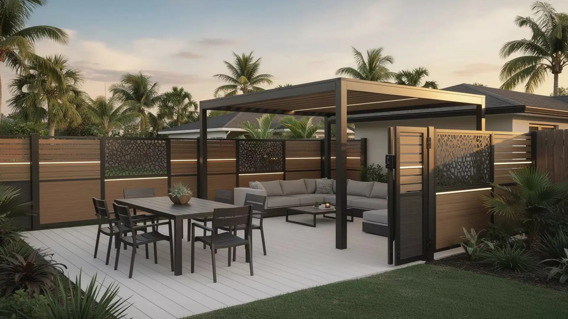 A landscaped backyard patio features a raised deck enclosed by horizontal wood-and-metal privacy fencing with decorative metal panels. A pergola covers a seating area with an outdoor sectional sofa, while a rectangular dining table with chairs sits in the foreground. Integrated lighting runs along the fence panels, and palm trees and tropical plants surround the space under a soft evening sky, creating a defined and inviting outdoor living area.