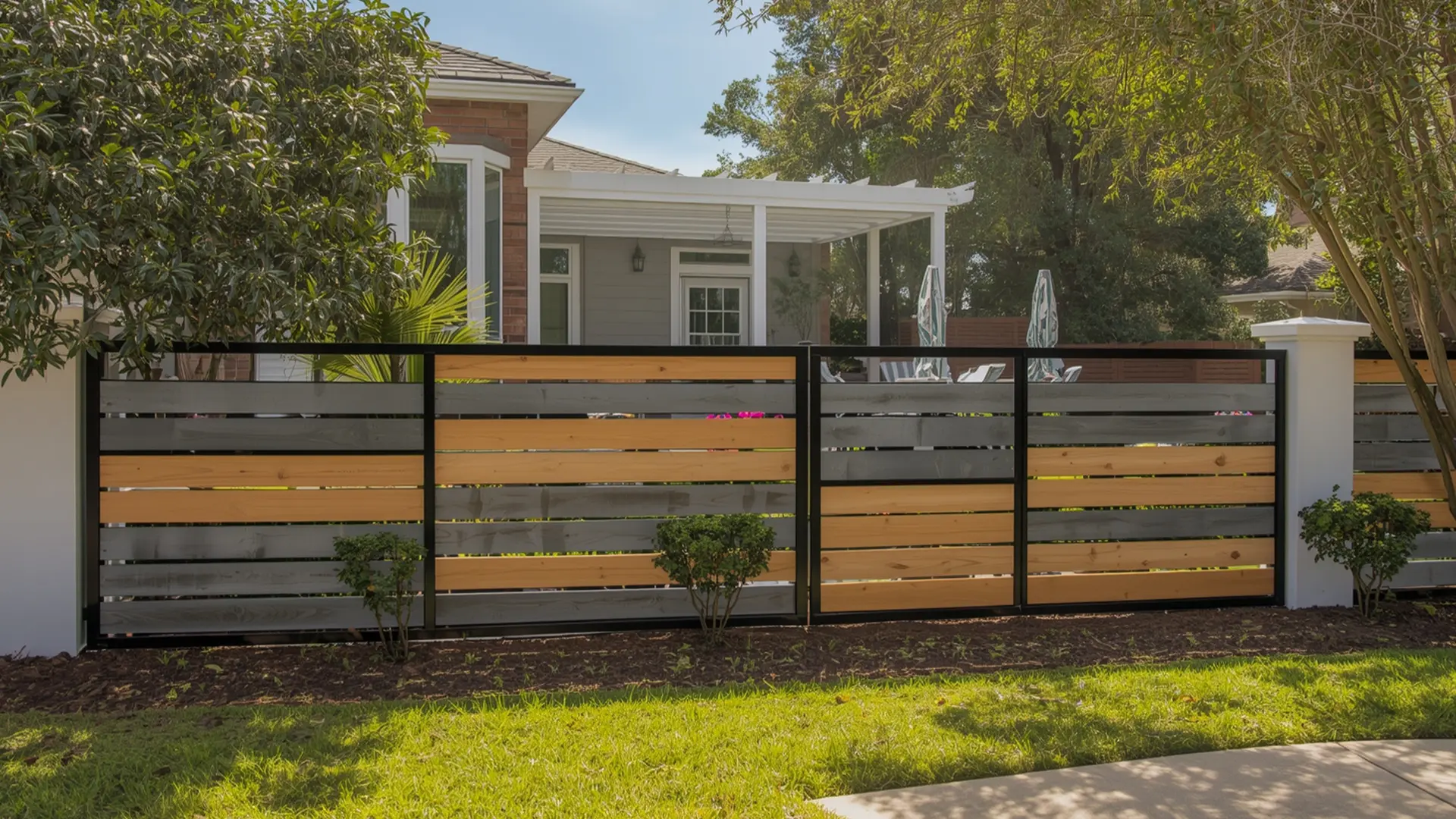 A modern horizontal slat fence made of alternating natural wood and gray-toned boards is framed by black metal posts. The fence runs along the front of a residential yard with green grass and small shrubs planted at its base. Behind the fence, a home with light siding and brick accents is visible, along with a covered patio and outdoor furniture partially shaded by trees. Sunlight filters through surrounding greenery, creating soft shadows across the lawn and fence.