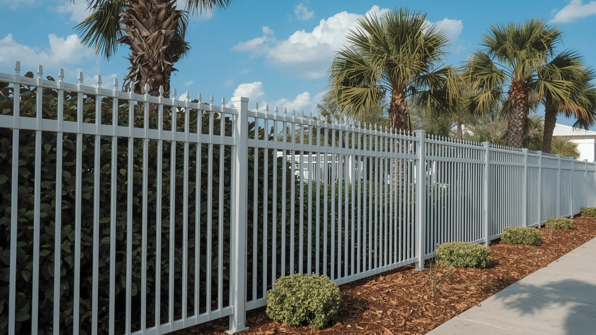 A tall white aluminum security fence with square spiked pickets, running along a sidewalk lined with palm trees and landscaping in a Florida suburban cul-de-sac.