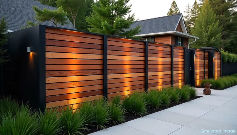 Contemporary backyard fence with repeating sections of horizontal wooden slats framed in matte black, illuminated by warm upward-facing lights along a paved walkway with dense greenery.
