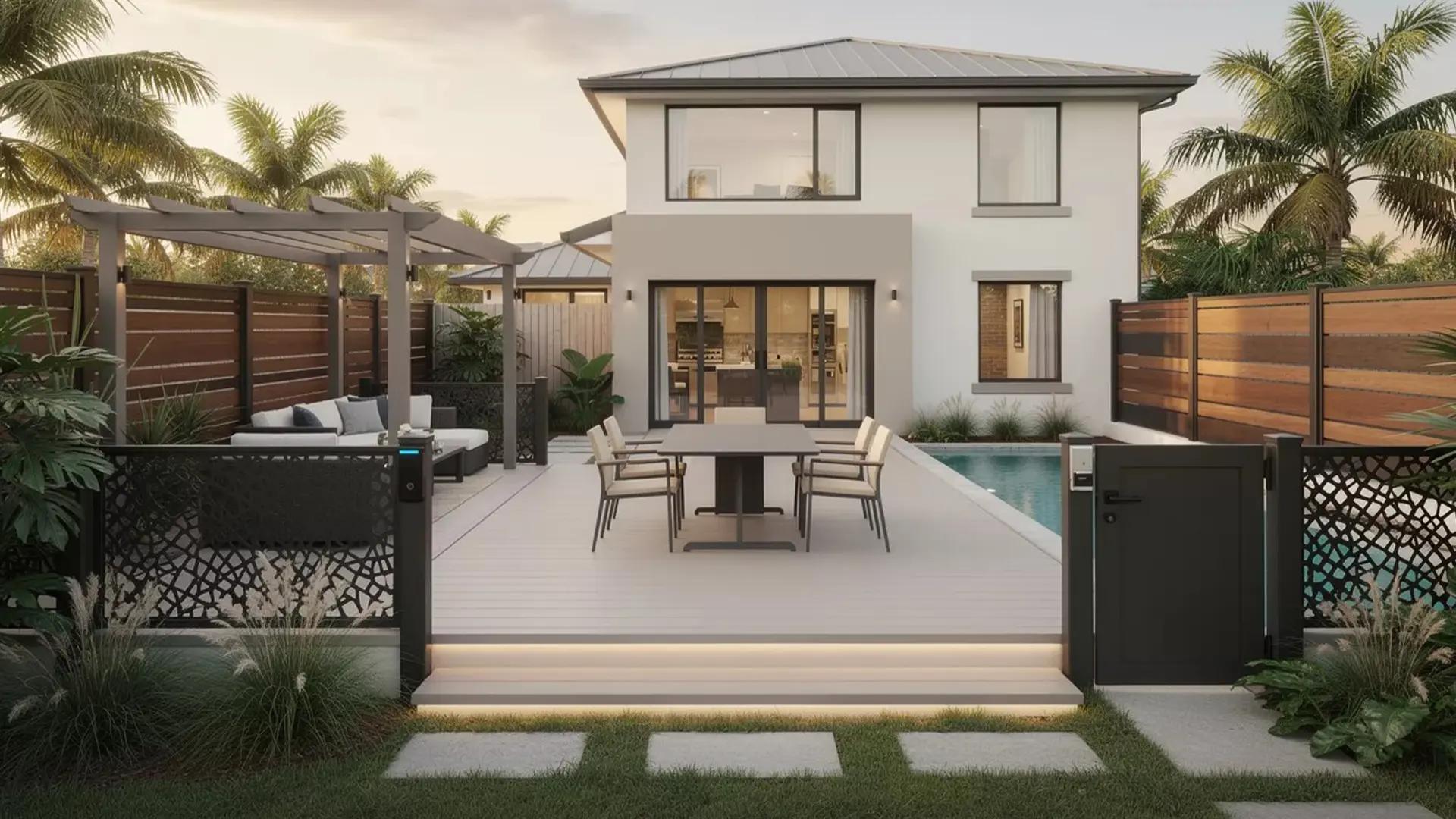 A contemporary two-story home overlooks a backyard patio with a raised deck and integrated step lighting. A dining table with chairs sits centered on the deck, flanked by a pergola-covered seating area on the left and a swimming pool on the right. Horizontal wood-and-metal privacy fences enclose the yard, with a matching gate visible in the foreground. Palm trees, low landscaping, and soft evening light frame the scene, creating a clean, organized outdoor living space. ADA-Compliant Title: Modern Outdoor Patio with Pergola, Privacy Screens, and Dining Area ADA-Compliant Description: A landscaped backyard patio features a raised deck enclosed by horizontal wood-and-metal privacy fencing with decorative metal panels. A pergola covers a seating area with an outdoor sectional sofa, while a rectangular dining table with chairs sits in the foreground. Integrated lighting runs along the fence panels, and palm trees and tropical plants surround the space under a soft evening sky, creating a defined and inviting outdoor living area.