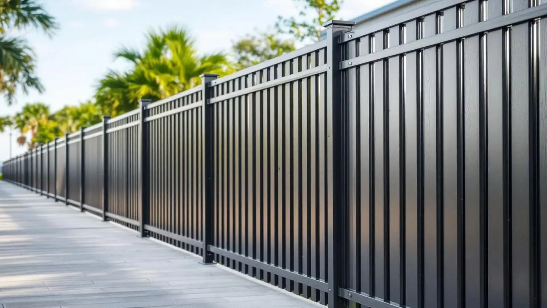 A modern black aluminum corrugated privacy fence installed along a walkway, providing a sleek and durable boundary with palm trees in the background in Indian River County, Florida.