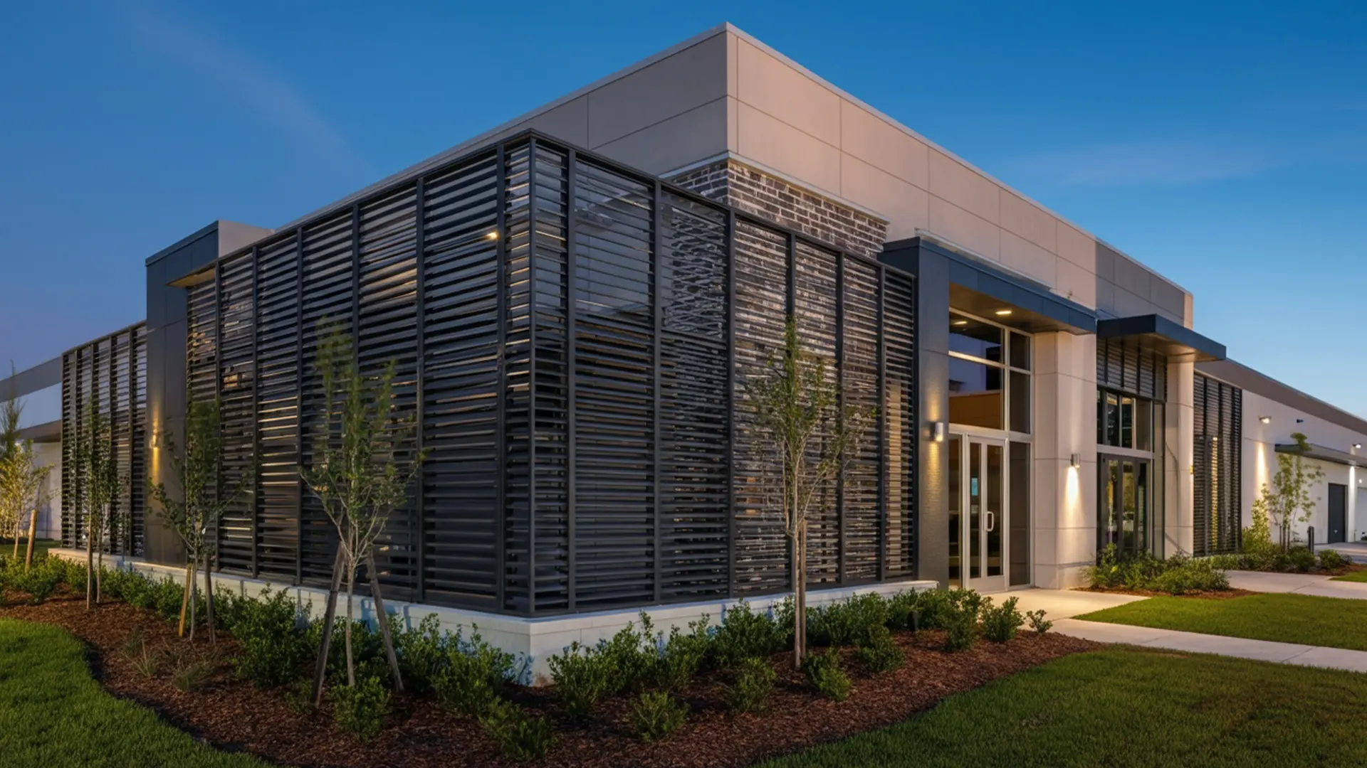 A sleek modern commercial building with large black horizontal louvered metal panels covering the windows and exterior walls. The structure features a mix of stone, glass, and neutral-colored walls, with exterior lighting illuminating the entrance at dusk. Neatly landscaped shrubs, young trees, and green grass surround the building, enhancing its contemporary design.