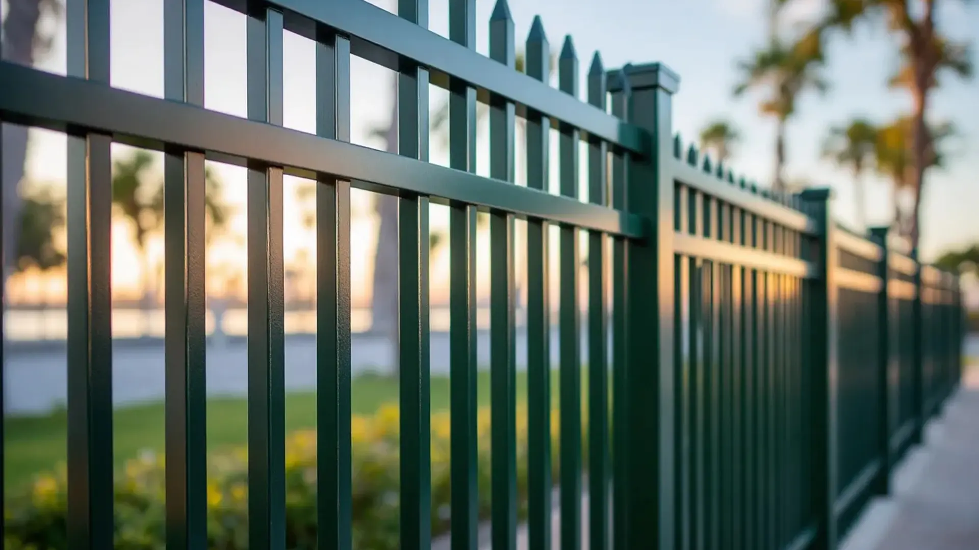 A close-up view of a green steel fence with vertical bars and pointed spiked tops, running along a sidewalk. The background shows blurred palm trees, greenery, and soft sunset lighting over a waterfront.
