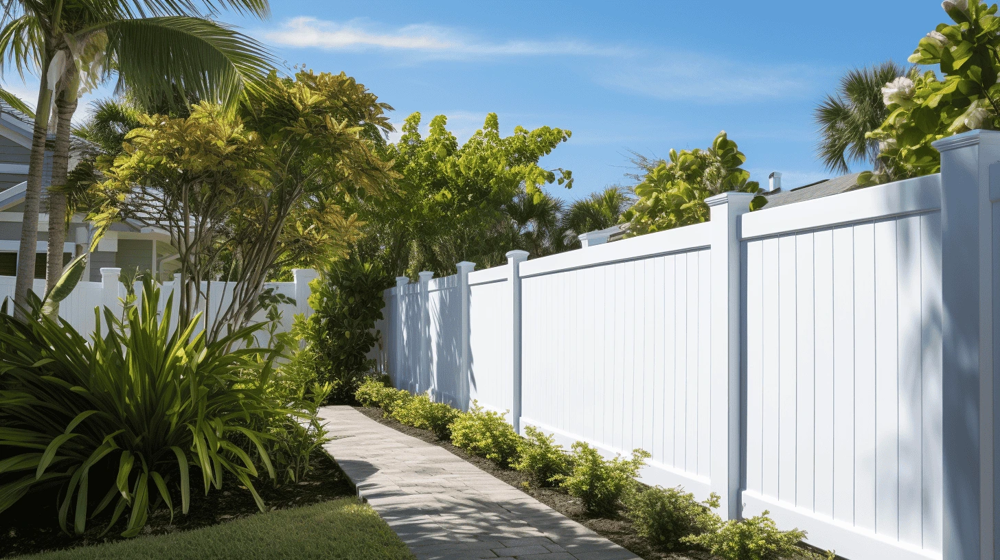 A well-maintained white vinyl fence in a lush garden, showcasing proper care and maintenance to preserve its pristine appearance.