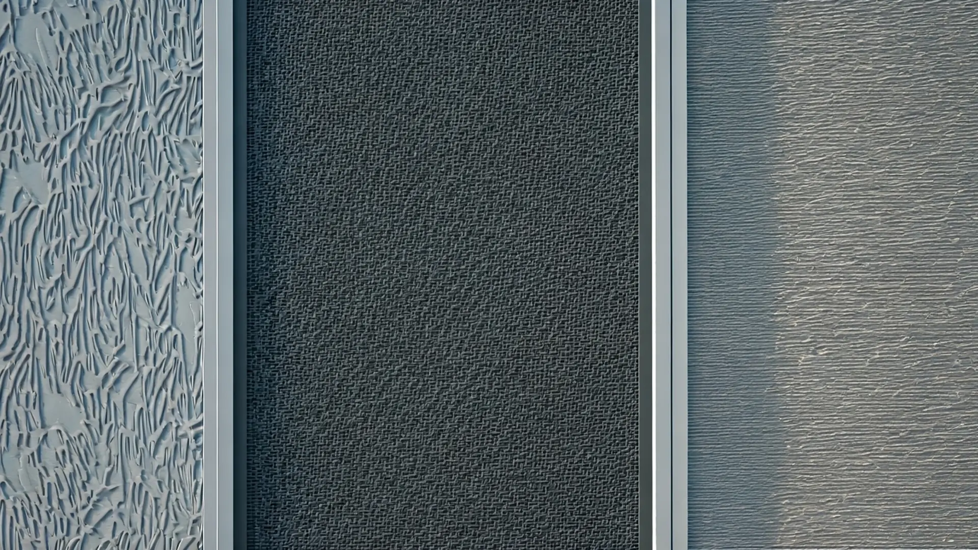 A close-up view of three side-by-side metal privacy fence panels, each with a different textured finish. The left panel has an irregular, organic woodgrain-like pattern, the center panel features a dense woven texture, and the right panel shows a subtle horizontal striated design. The panels are framed with vertical metal supports, highlighting their contrasting surface details.