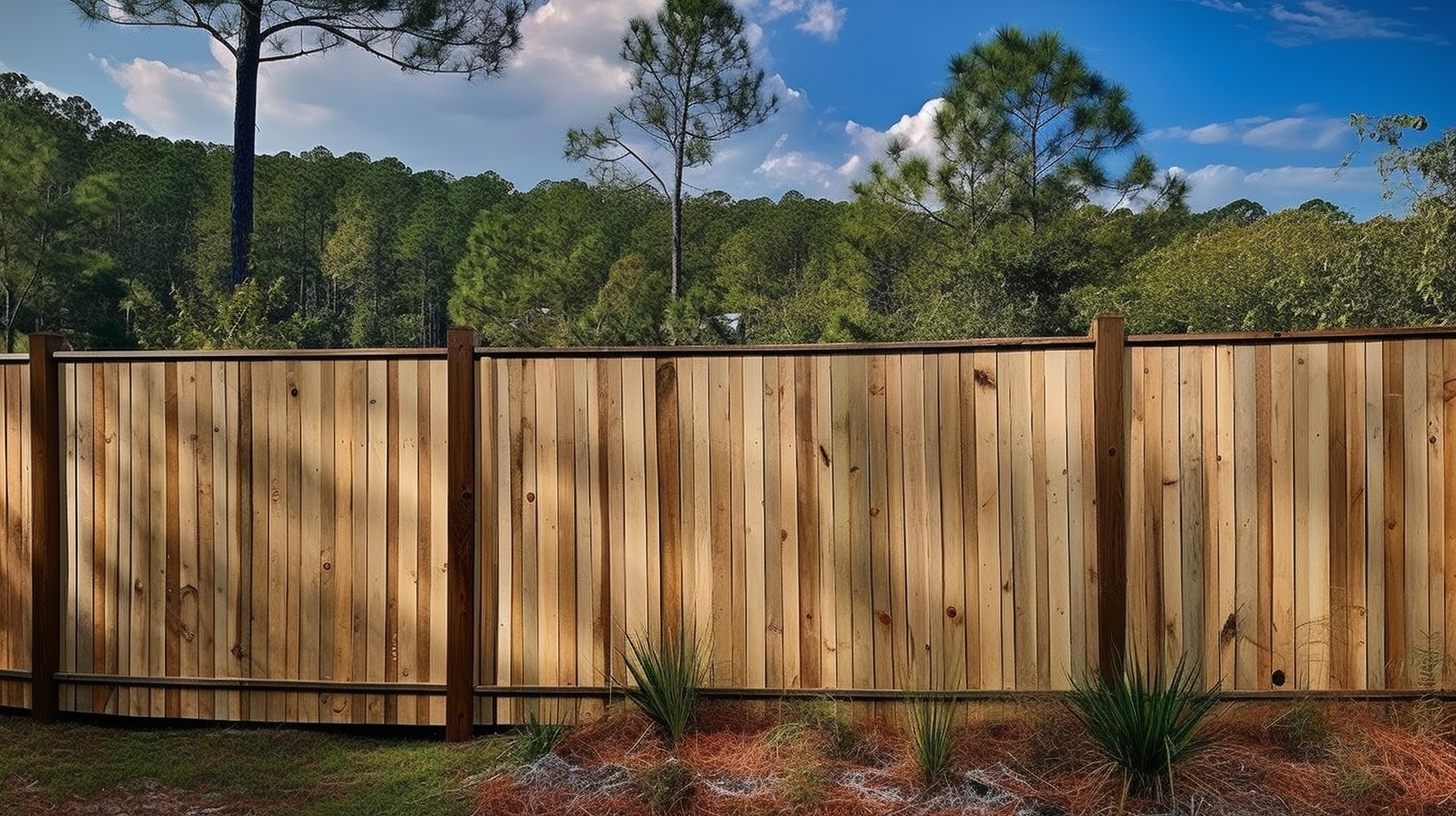 A beautifully maintained pine wood fence in a picturesque setting, showcasing the importance of staining at the right time for both enhanced visual appeal and long-lasting durability.