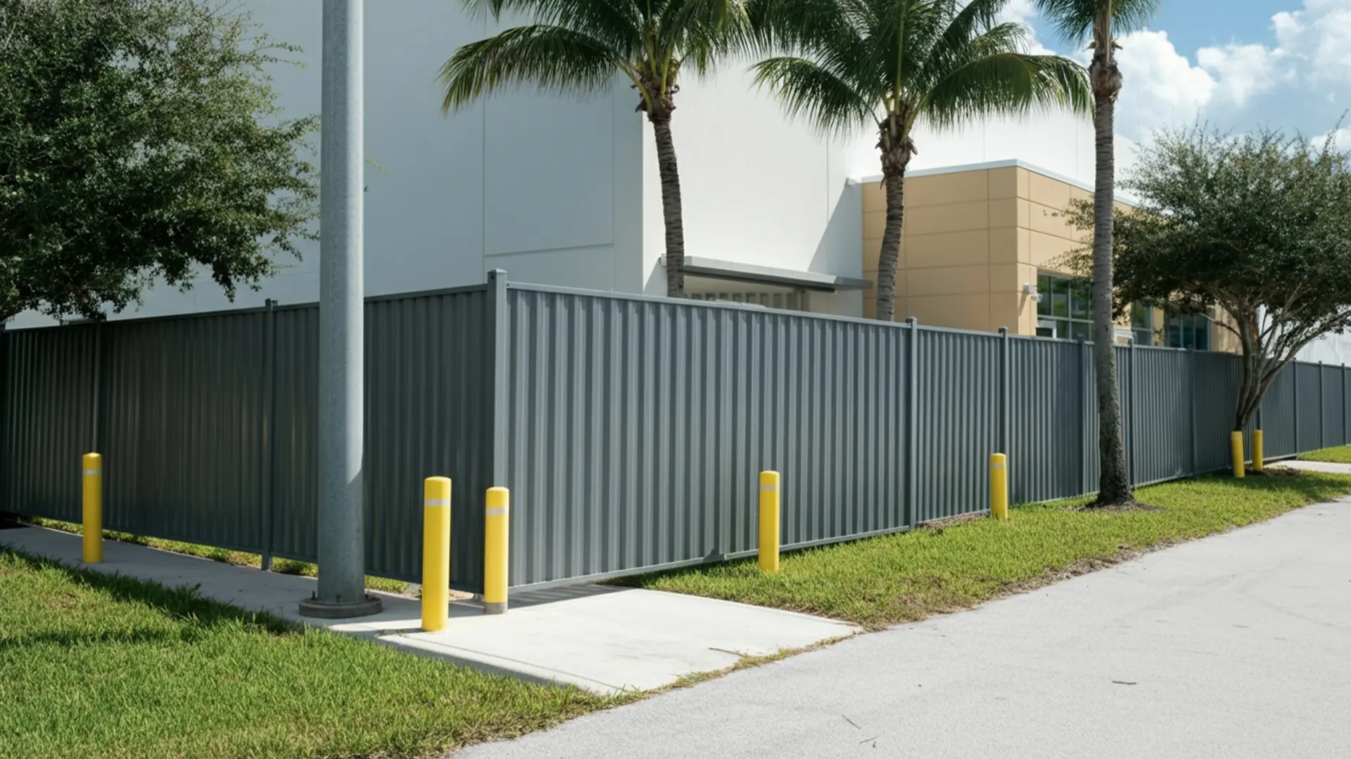 A tall gray corrugated aluminum fence lines the perimeter of a retail or commercial complex, with palm trees and landscaping visible around the building. Yellow safety bollards and a light pole stand near the sidewalk in front of the fence.