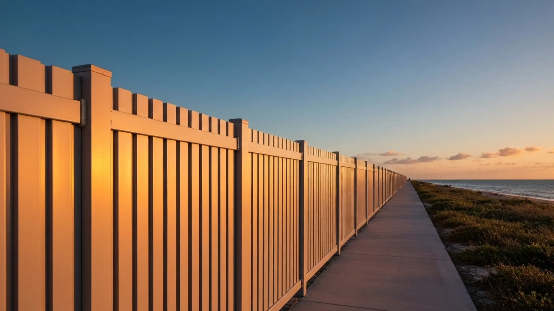 A tan composite privacy fence running along a coastal walkway at sunset, with the ocean and sky in the background in Brevard County, Florida.