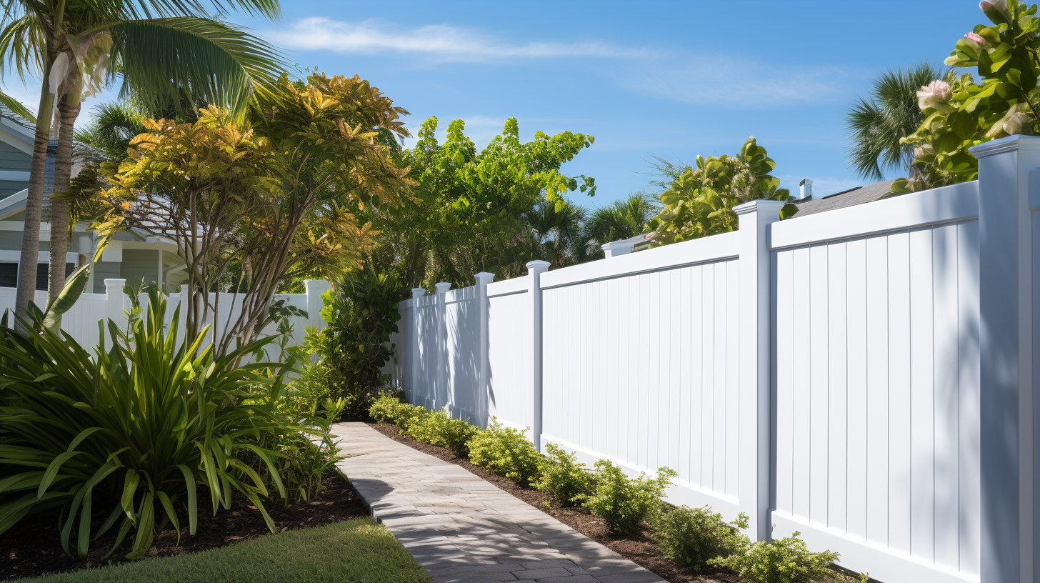 A well-maintained white vinyl fence in a lush garden, showcasing proper care and maintenance to preserve its pristine appearance.