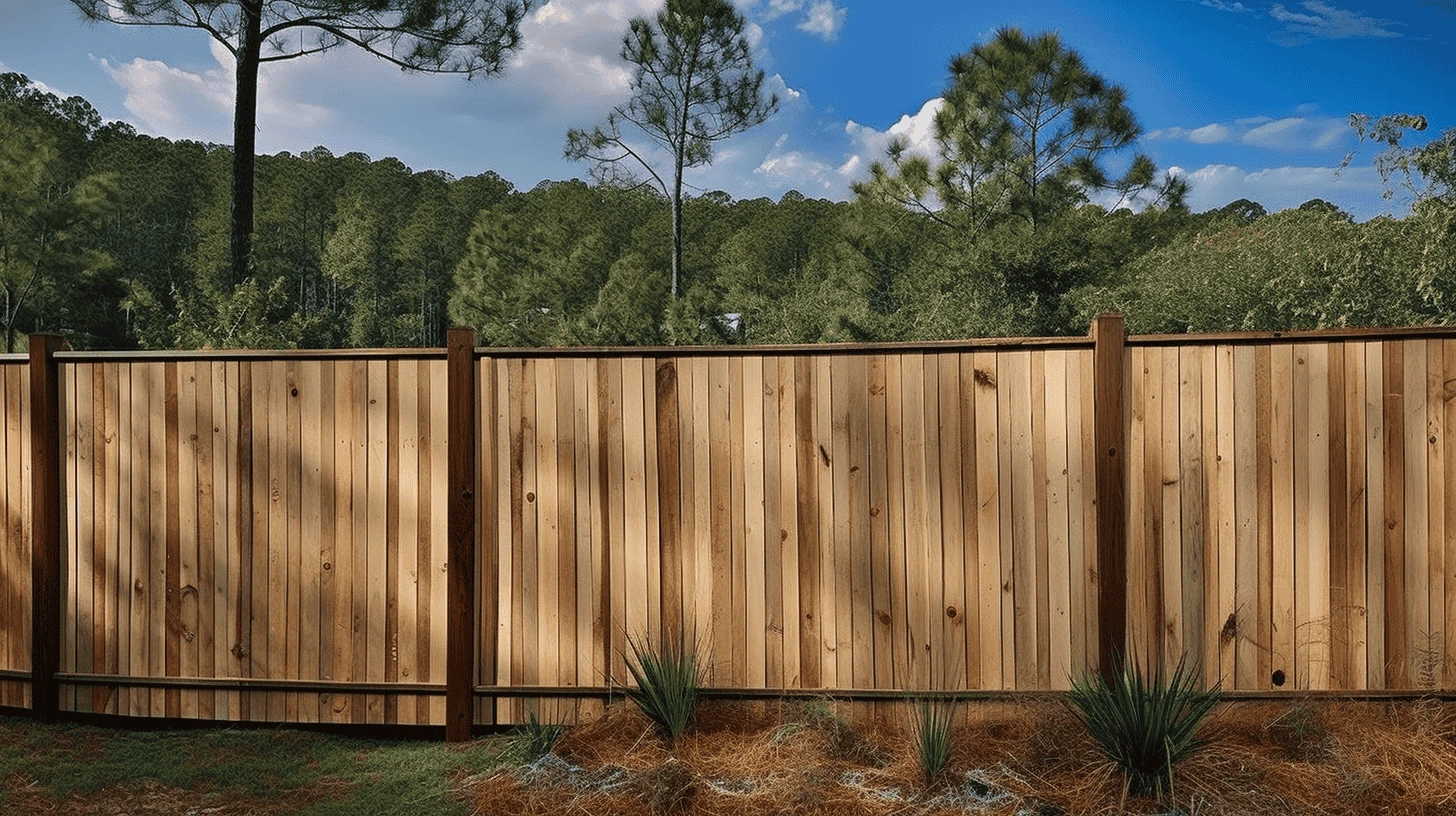 A beautifully maintained pine wood fence in a picturesque setting, showcasing the importance of staining at the right time for both enhanced visual appeal and long-lasting durability.