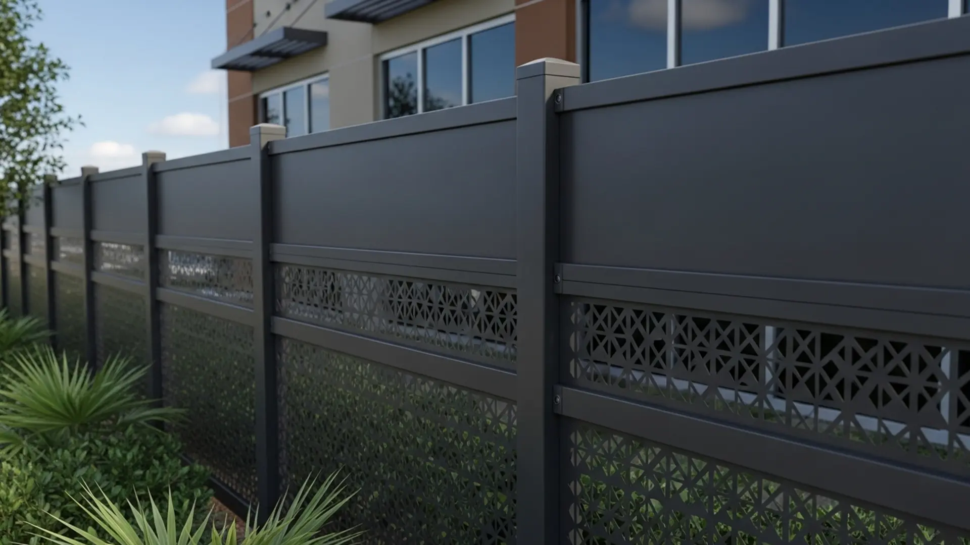 A modern gray privacy fence with solid upper panels and decorative lattice cut-out designs along the bottom borders a landscaped area. Green shrubs and palm plants line the base, while a beige office building with large windows is visible in the background.