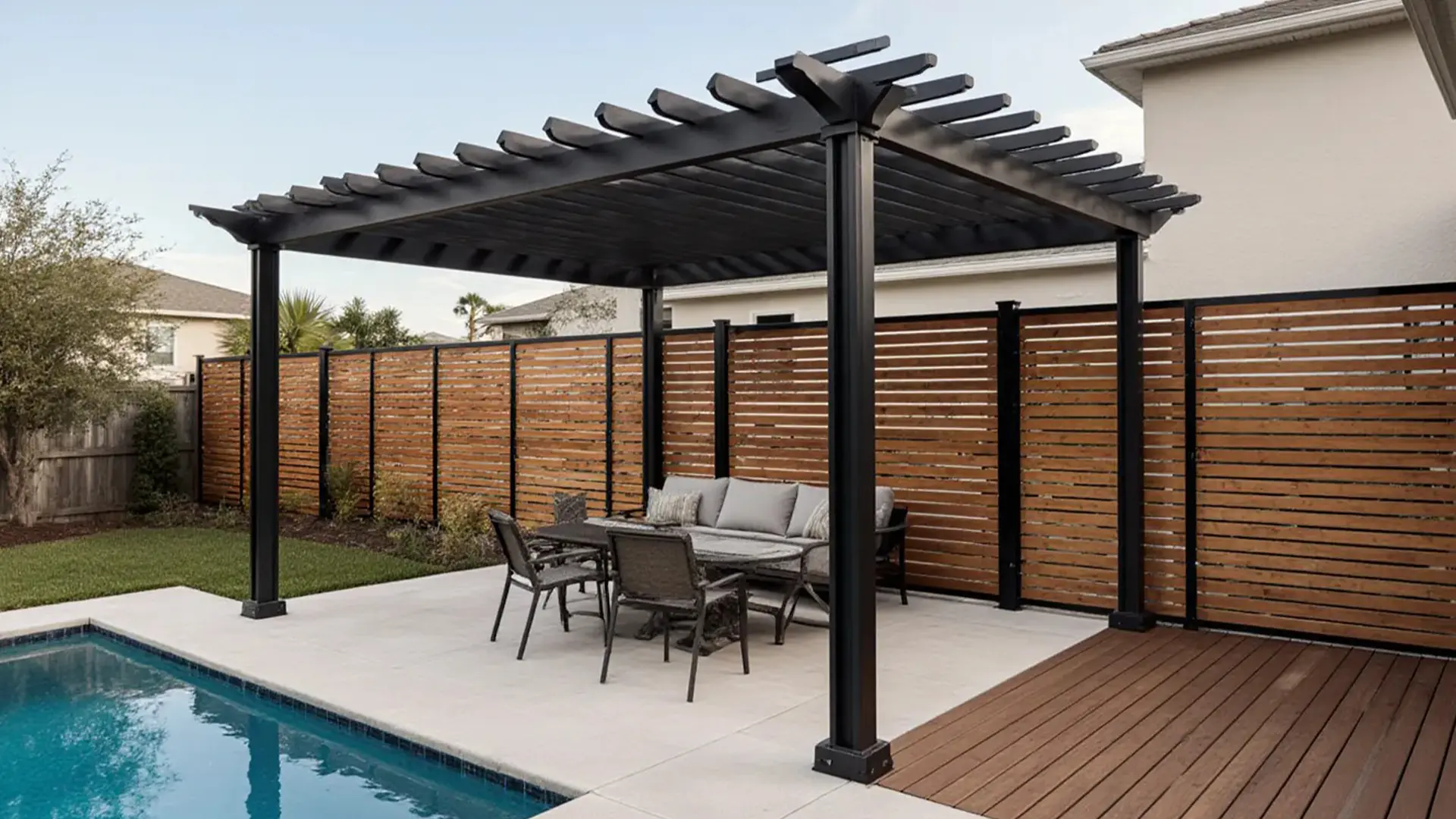 A modern black pergola with horizontal slatted beams stands on a light concrete patio next to a swimming pool. Beneath the pergola is an outdoor dining set with a rectangular table, cushioned seating, and chairs arranged for conversation. A wooden deck extends from the patio on the right, while a horizontal slat privacy fence made of wood and black metal posts encloses the yard. The surrounding area includes grass, neighboring homes, and soft daylight, creating a clean, structured outdoor living space.