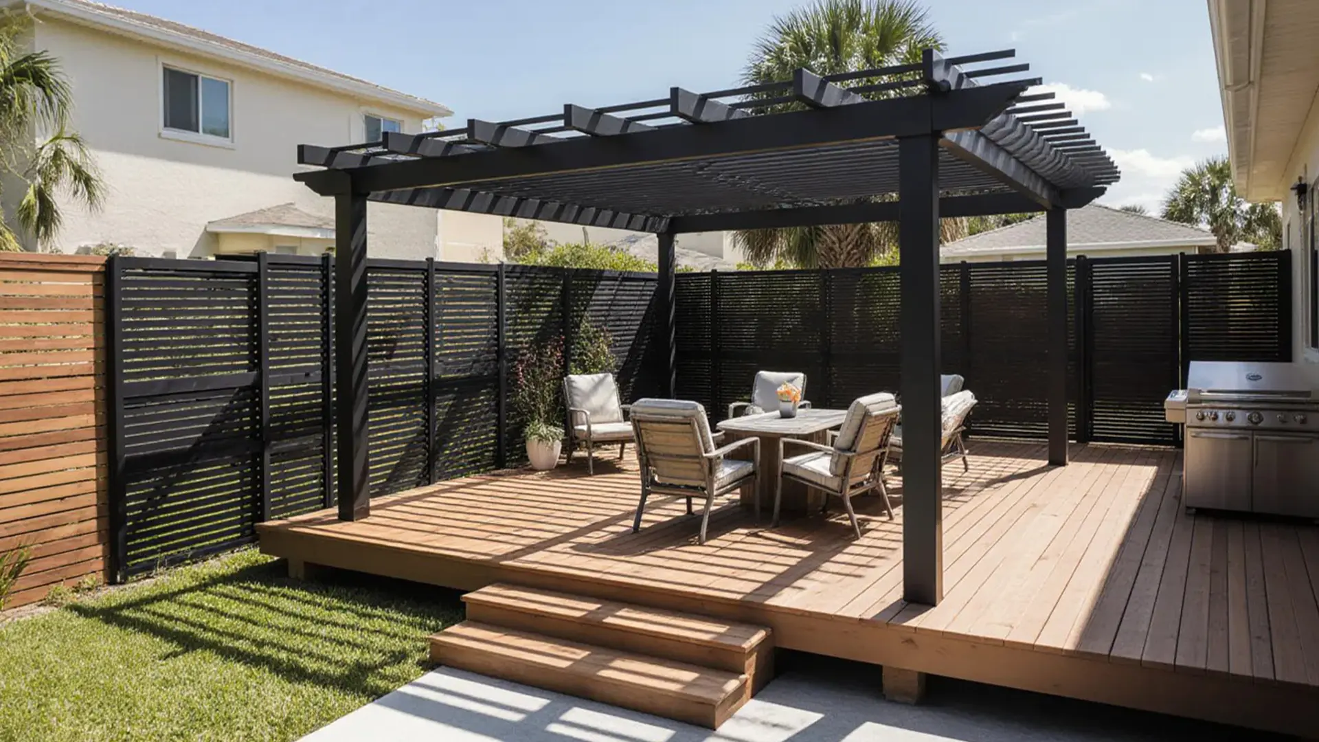 A raised wooden deck features a black pergola with horizontal slats that create striped shadows across the surface. Beneath the pergola, an outdoor dining table with cushioned chairs is centered on the deck. Black horizontal privacy screens surround the space on multiple sides, with a section of natural wood fencing visible to the left. Steps lead down from the deck to a grassy yard, and a stainless steel grill sits on the adjacent deck area near the house. Palm trees and neighboring homes are visible in the background under clear daylight.