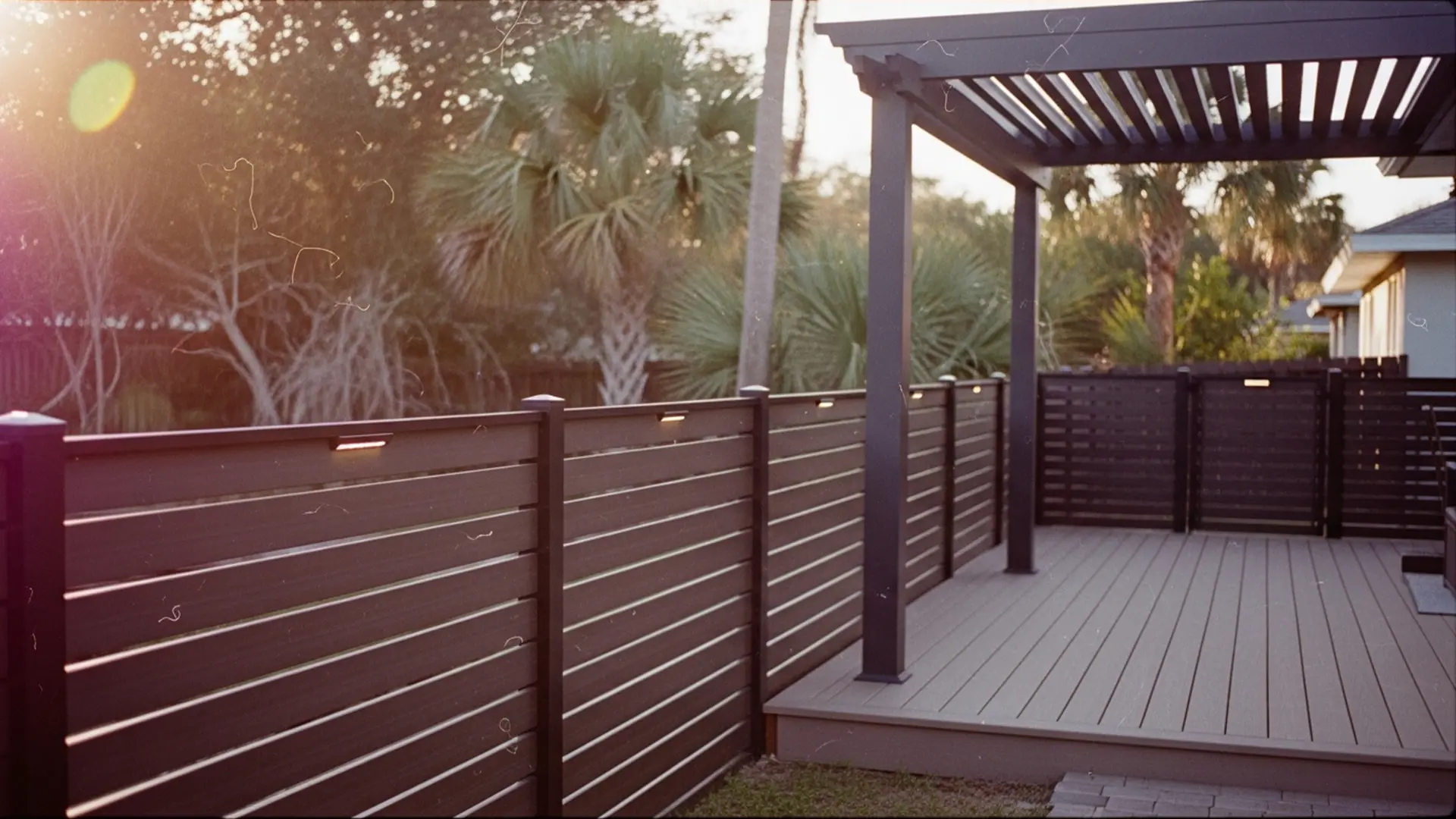 A contemporary outdoor deck is enclosed by a dark horizontal slat privacy fence with evenly spaced boards and small integrated lights along the top rail. A matching pergola with open slats stands over part of the deck, supported by square posts. Palm trees and greenery are visible beyond the fence, and the scene is lit by warm, late-afternoon sunlight with a subtle lens flare and soft, vintage-style texture.