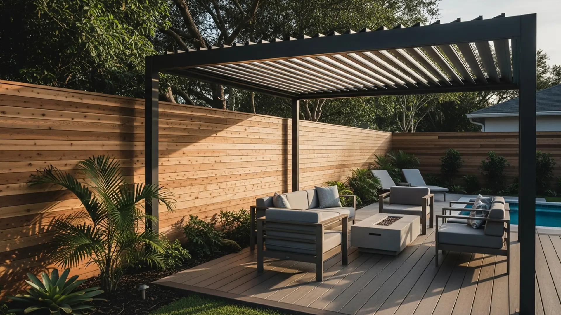 A modern backyard seating area is covered by a black metal pergola with evenly spaced slatted beams that cast linear shadows across the deck. Beneath the pergola, cushioned outdoor chairs and a matching sofa are arranged around a rectangular fire feature on a composite deck surface. A horizontal natural-wood privacy fence encloses the space on two sides, with landscaped plants and small palms along the fence line. In the background, a swimming pool and additional lounge chairs are visible, with mature trees providing shade and a calm, private outdoor setting.