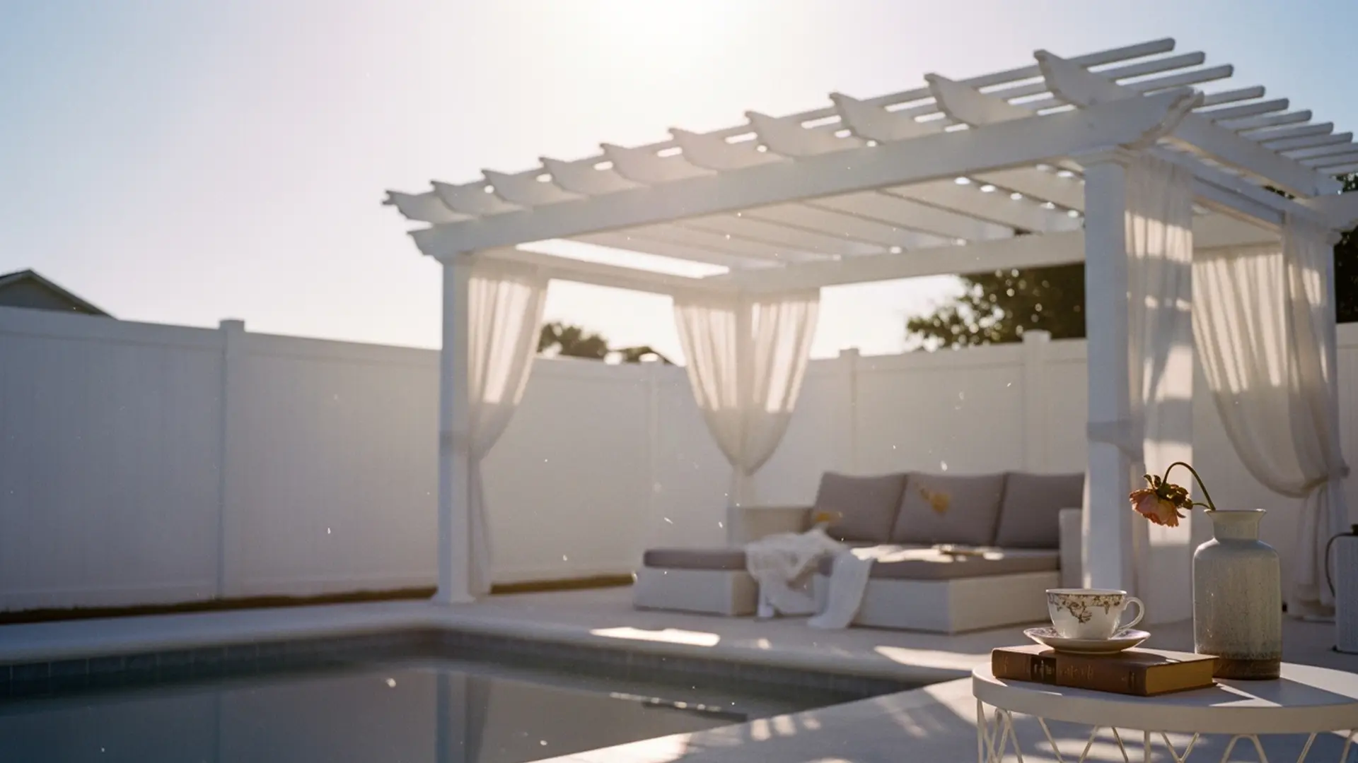 A white pergola with open slatted beams stands beside a rectangular swimming pool in a fenced backyard. Sheer white curtains hang from the pergola posts, framing a cushioned outdoor sectional sofa underneath. In the foreground, a small round side table holds a teacup, a closed book, and a ceramic vase with a single flower. Soft sunlight illuminates the scene from behind the pergola, creating a calm, airy atmosphere with gentle reflections on the pool’s surface and a white privacy fence enclosing the space.