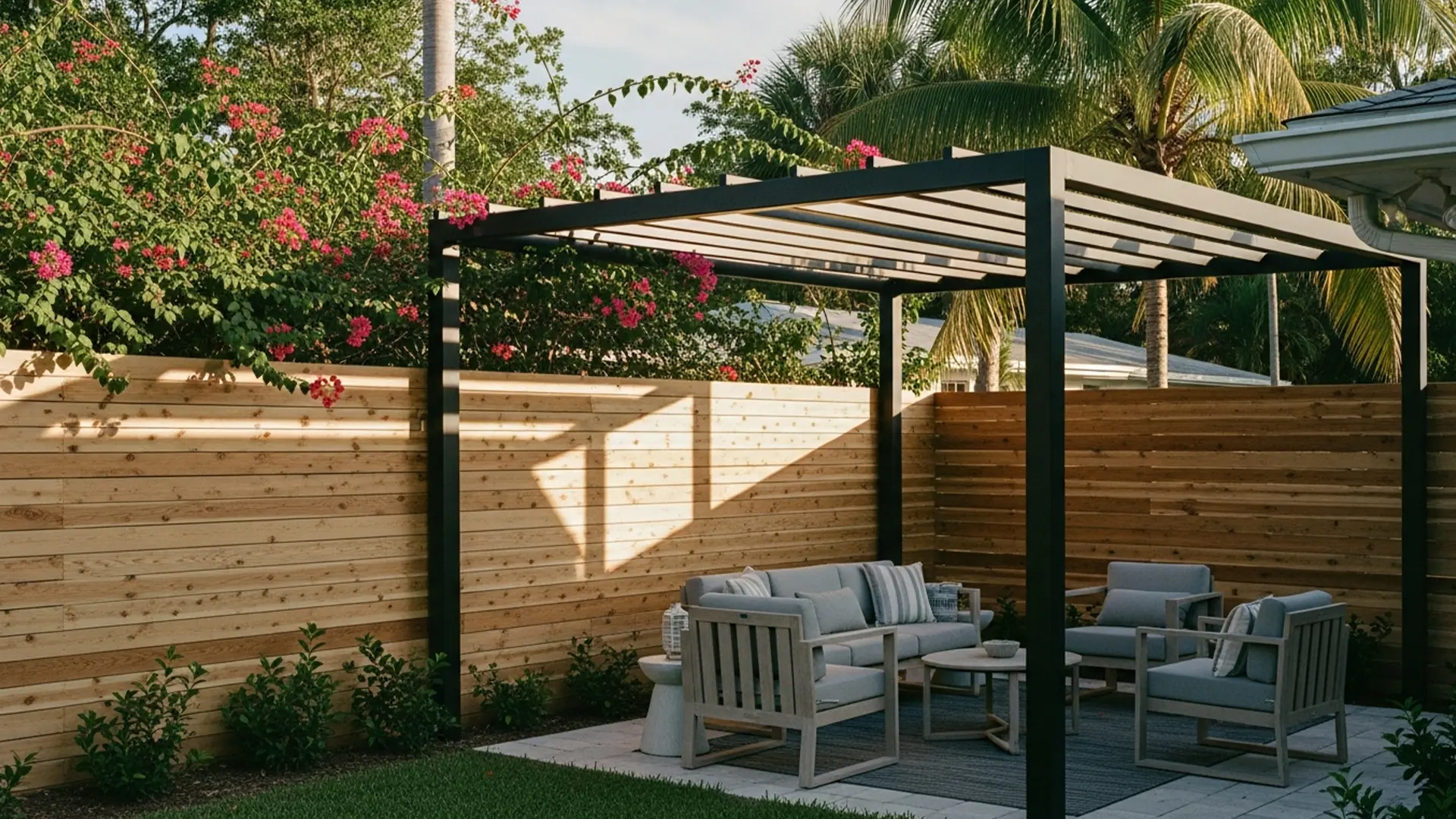 A modern black pergola with horizontal slats stands over a small patio seating area in a landscaped backyard. Beneath the pergola, cushioned outdoor chairs and a loveseat are arranged around a low table on a rectangular outdoor rug. The space is enclosed by natural wood privacy fencing on two sides, with flowering shrubs and palm trees rising above the fence line. Sunlight filters through the pergola slats, casting geometric shadows on the fence and seating area, while green grass borders the patio in the foreground.